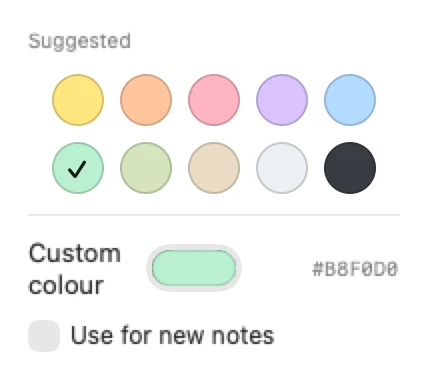 The colour menu: ten suggested colours, a custom colour picker and an option to use the colour for new notes