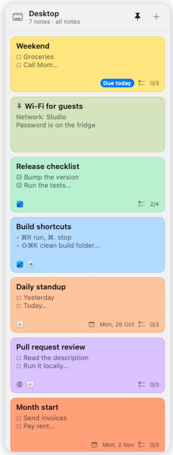Ledge's deck on the desktop showing all seven notes: weekend, release checklist, build shortcuts, daily standup, pull request review, Wi-Fi for guests and month start
