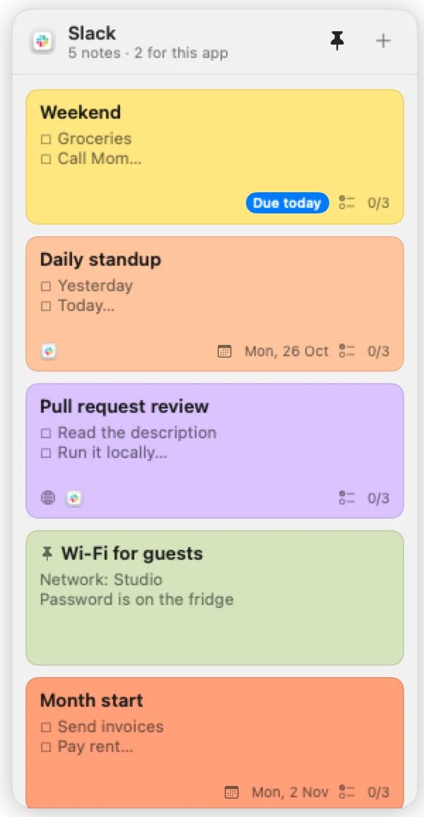 The deck in Slack: the daily standup and pull request review linked to Slack, plus global notes