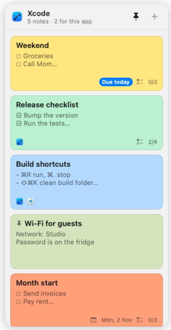 Ledge's deck on the right edge in Xcode: a weekend checklist due today, a release checklist and build shortcuts for Xcode, a pinned Wi-Fi note and a monthly checklist