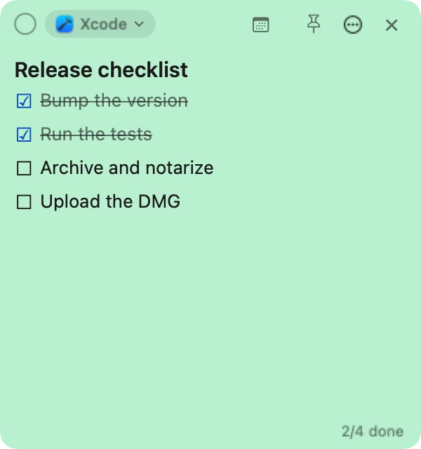 A Ledge sticky note in Xcode: a release checklist with two items ticked