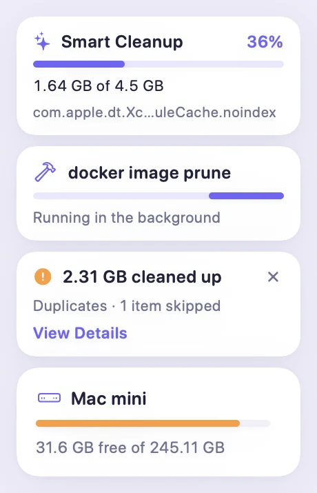 Activity card in the sidebar: Smart Cleanup at 36%, 1.64 GB of 4.5 GB